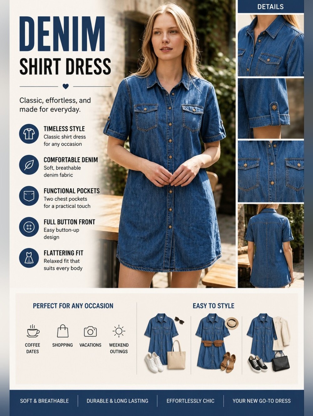 Denim Button-Front Mini Shirt Dress - Blue